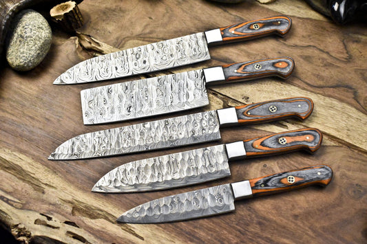 Hand Forged Chef Knife Set – 5 PCS Twist Damascus Steel with Hardwood Handle