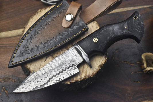 Forged Hunting Skinner Knife with Ladder Damascus Blade and Hard Wood Handle – Handmade Fixed Blade Hunting Knife