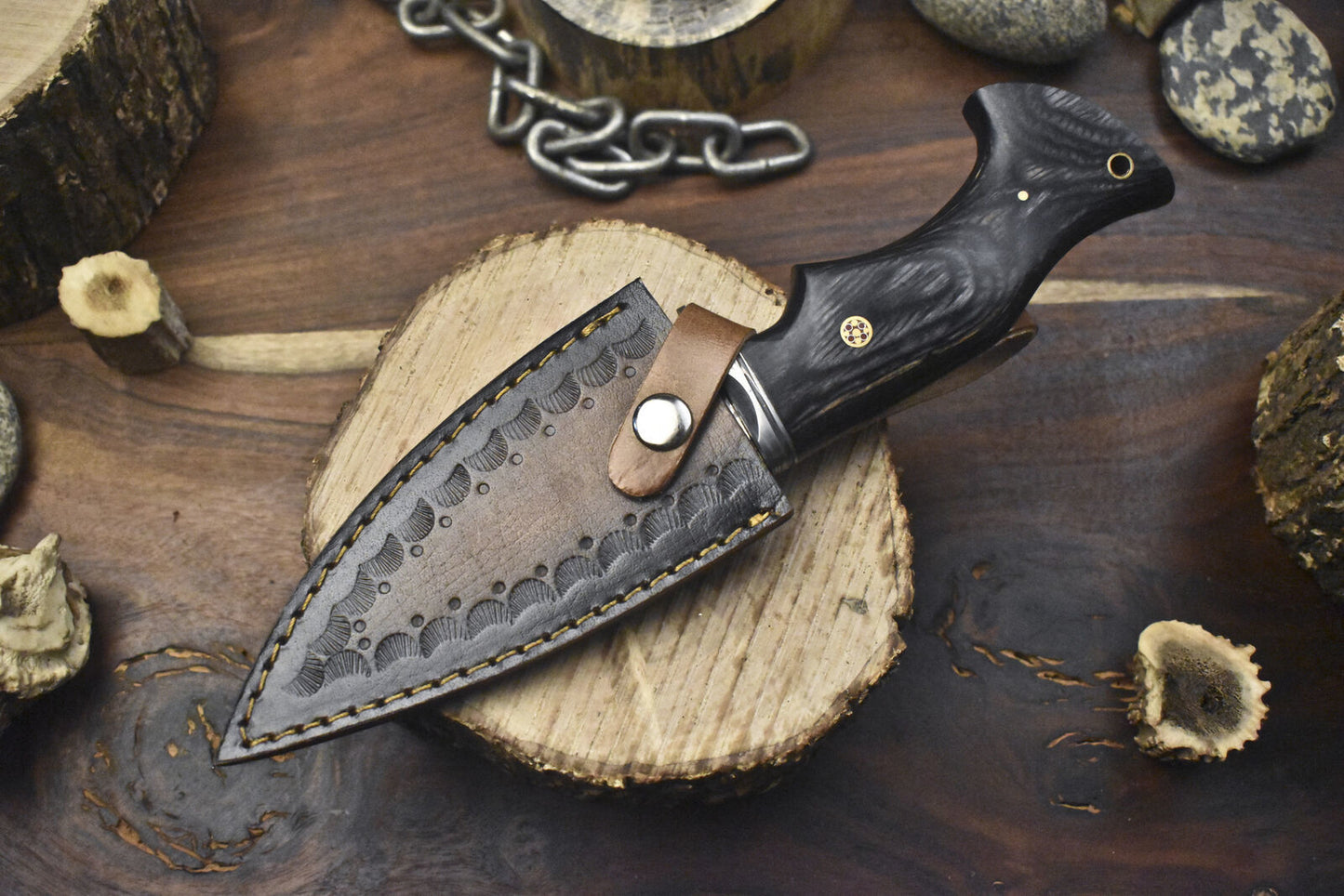 Forged Hunting Skinner Knife with Ladder Damascus Blade and Hard Wood Handle – Handmade Fixed Blade Hunting Knife