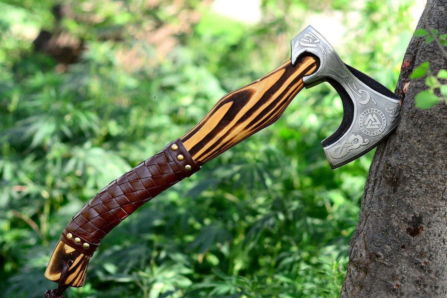 Handmade Carbon Steel Viking Axe VALHALLA – Engraved High Carbon Blade with Leather Sheath