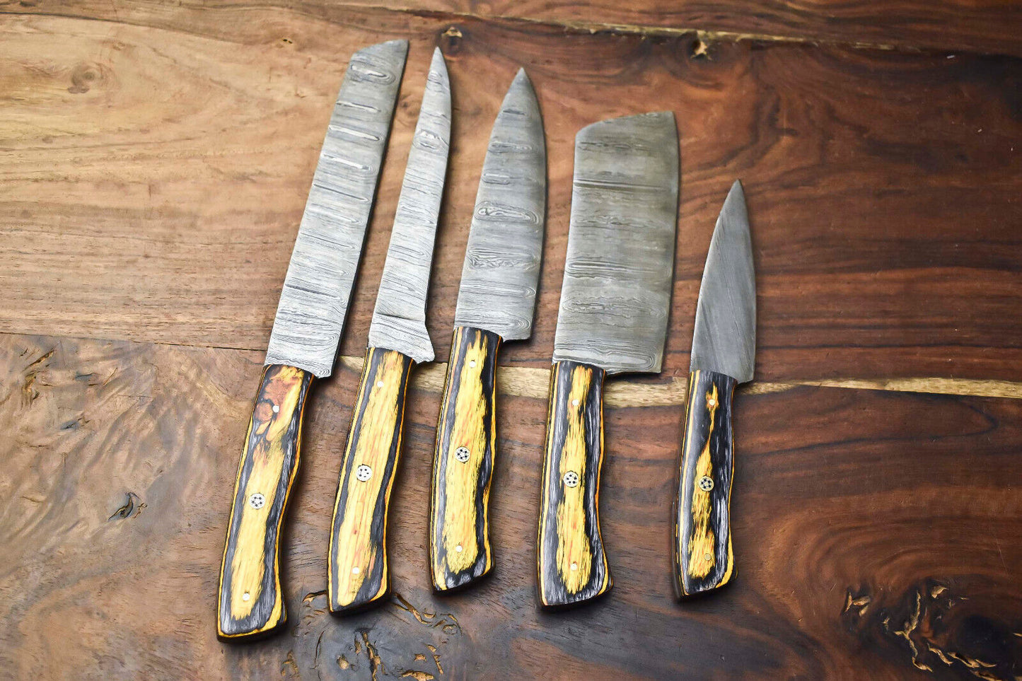 Exclusive 5-Piece Hand-Forged Damascus Steel Chef Knife Set with Hammered Blades