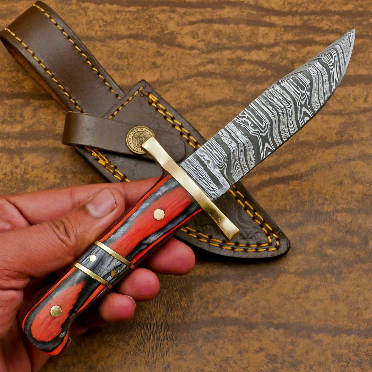 Hand Forged Damascus Steel Skinner Knife with Pakka Wood Handle – Custom Hunting & Sport Blade