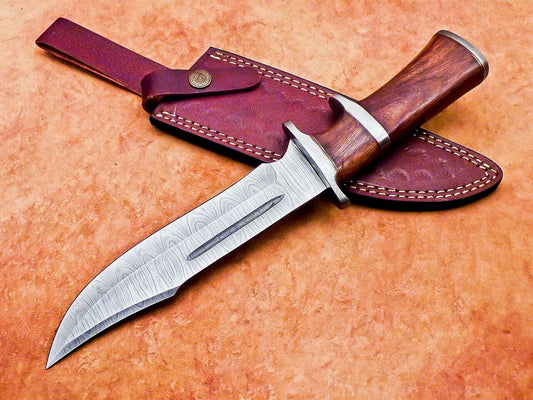 Heritage Forge 12 Inch Handmade Damascus Steel Hunting Bowie Knife with Wood Handle and Sheath
