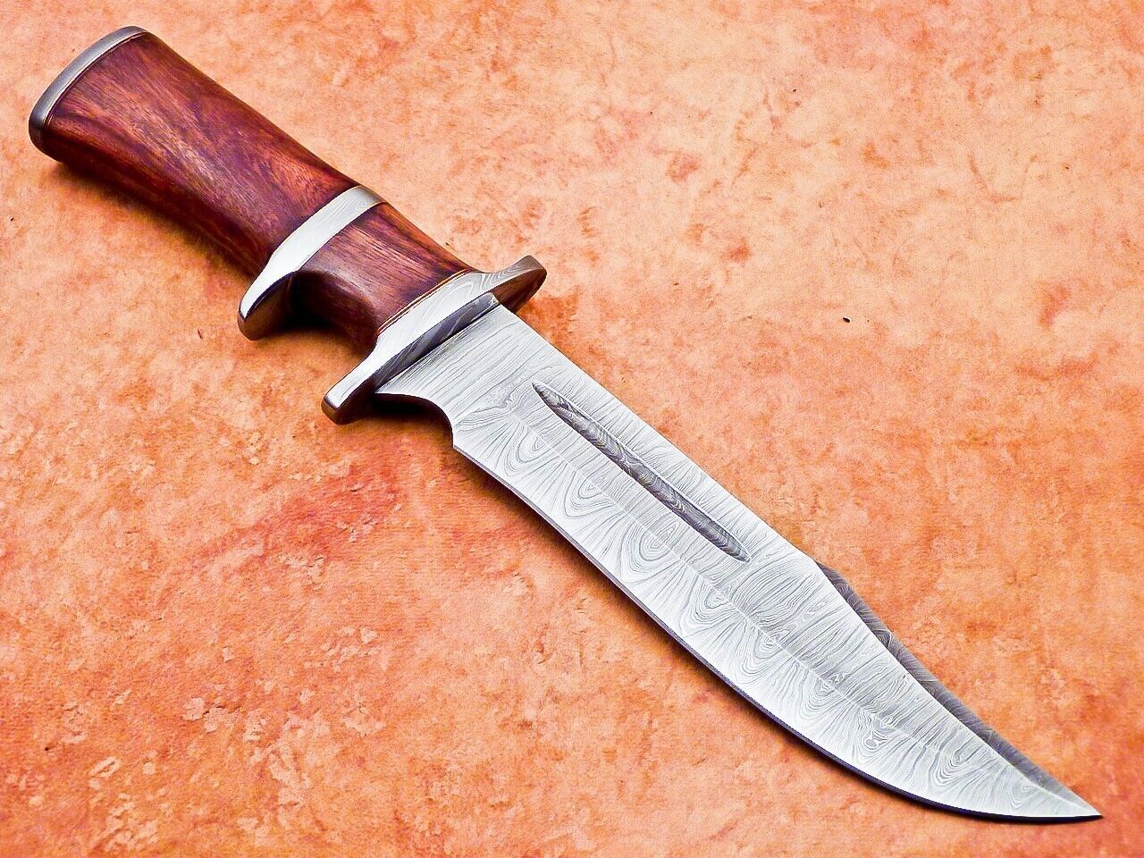 Heritage Forge 12 Inch Handmade Damascus Steel Hunting Bowie Knife with Wood Handle and Sheath