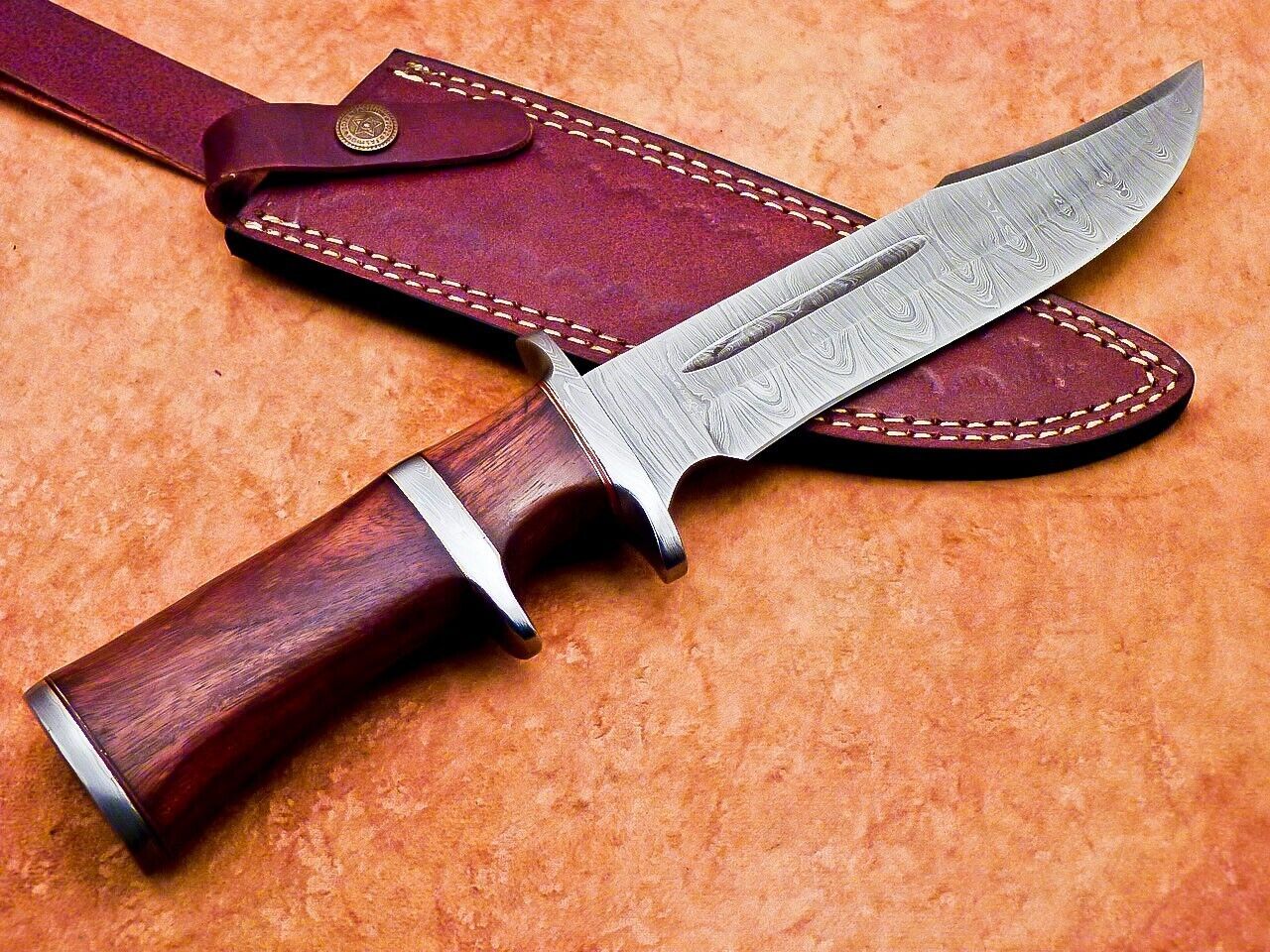 Heritage Forge 12 Inch Handmade Damascus Steel Hunting Bowie Knife with Wood Handle and Sheath