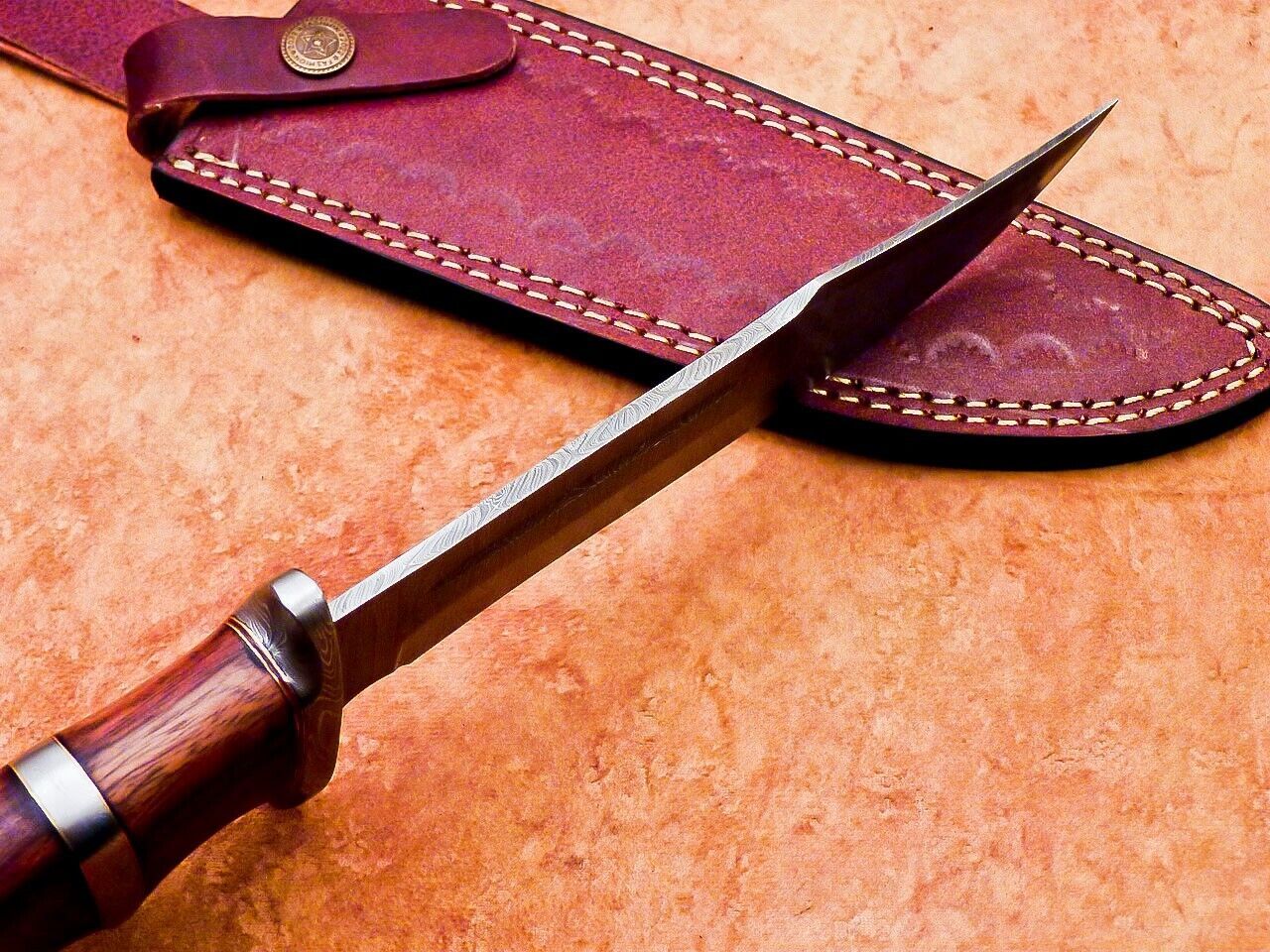 Heritage Forge 12 Inch Handmade Damascus Steel Hunting Bowie Knife with Wood Handle and Sheath
