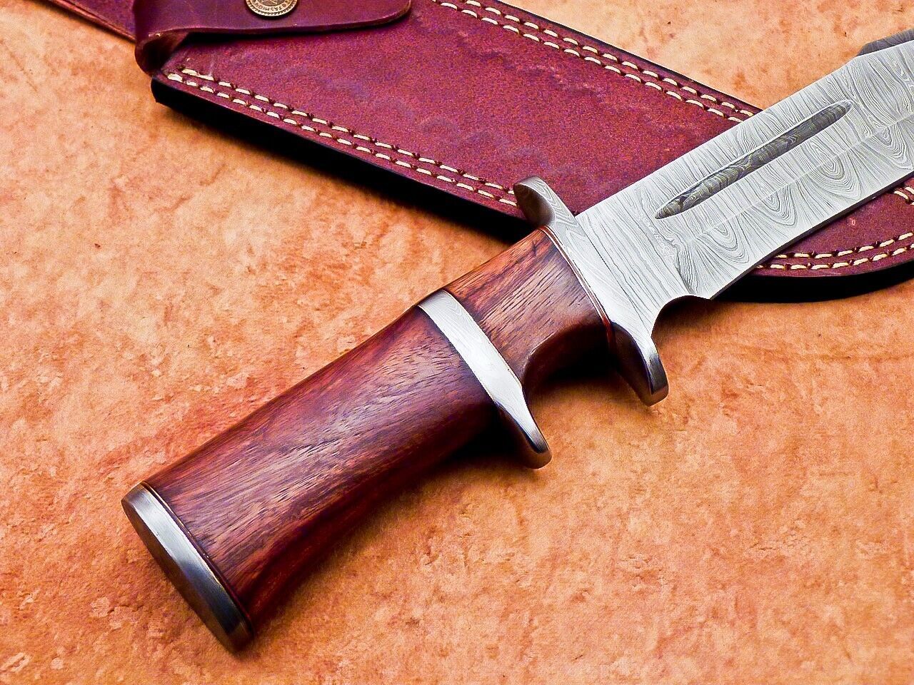 Heritage Forge 12 Inch Handmade Damascus Steel Hunting Bowie Knife with Wood Handle and Sheath