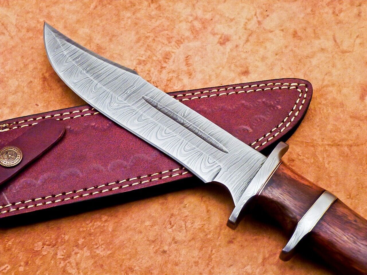 Heritage Forge 12 Inch Handmade Damascus Steel Hunting Bowie Knife with Wood Handle and Sheath