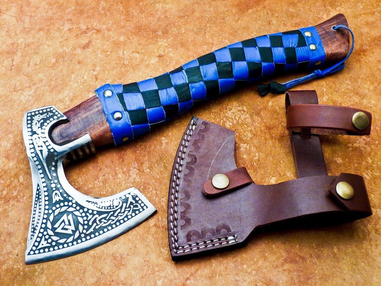 Hand Forged Carbon Steel Bearded Viking Hatchet 13.5 Inch Camping Axe with Wooden Handle