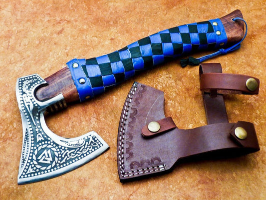 Hand Forged Carbon Steel Bearded Viking Hatchet 13.5 Inch Camping Axe with Wooden Handle