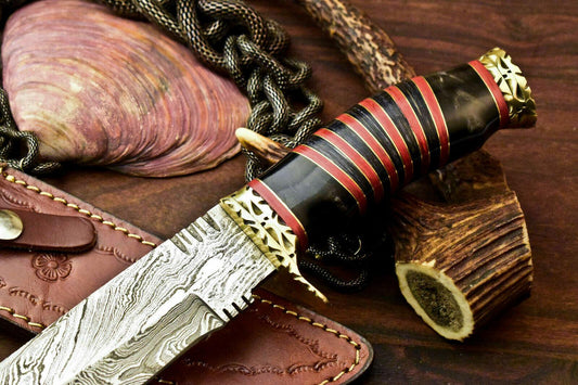 11" Rare Handmade Damascus Bowie Hunting Knife | Hard Wood Handle
