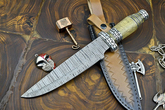 Heritage Forge Trailblazer Damascus Bowie Knife with Resin Steel Bolster Handle