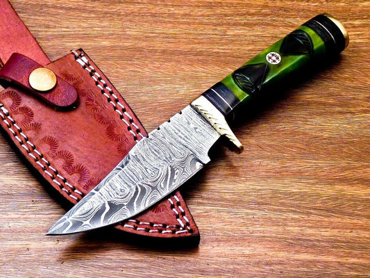 8 Inch Damascus Steel Hunting Knife with Engraved Camel Bone Handle