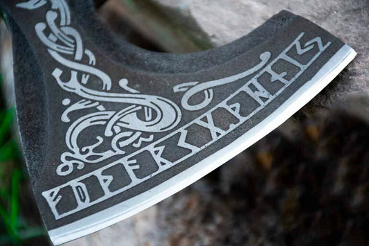 Handmade Engraved Viking Hunting Axe 18.5 Inch Carbon Steel with Leather Sheath