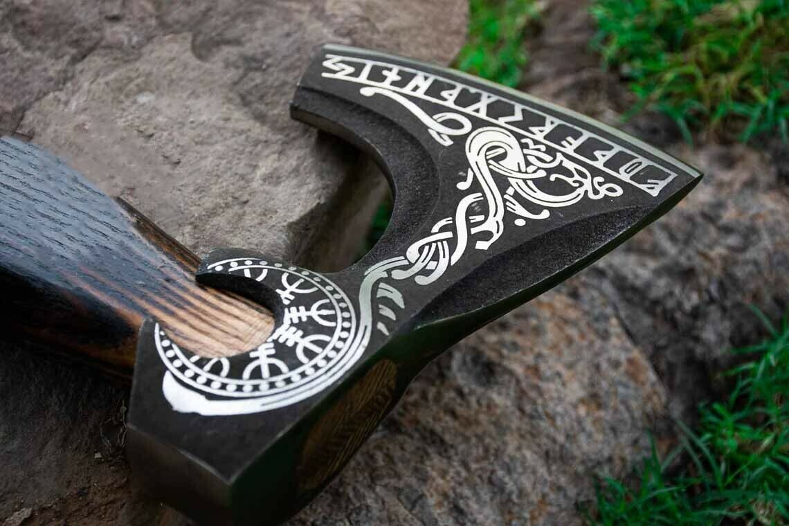 Handmade Engraved Viking Hunting Axe 18.5 Inch Carbon Steel with Leather Sheath