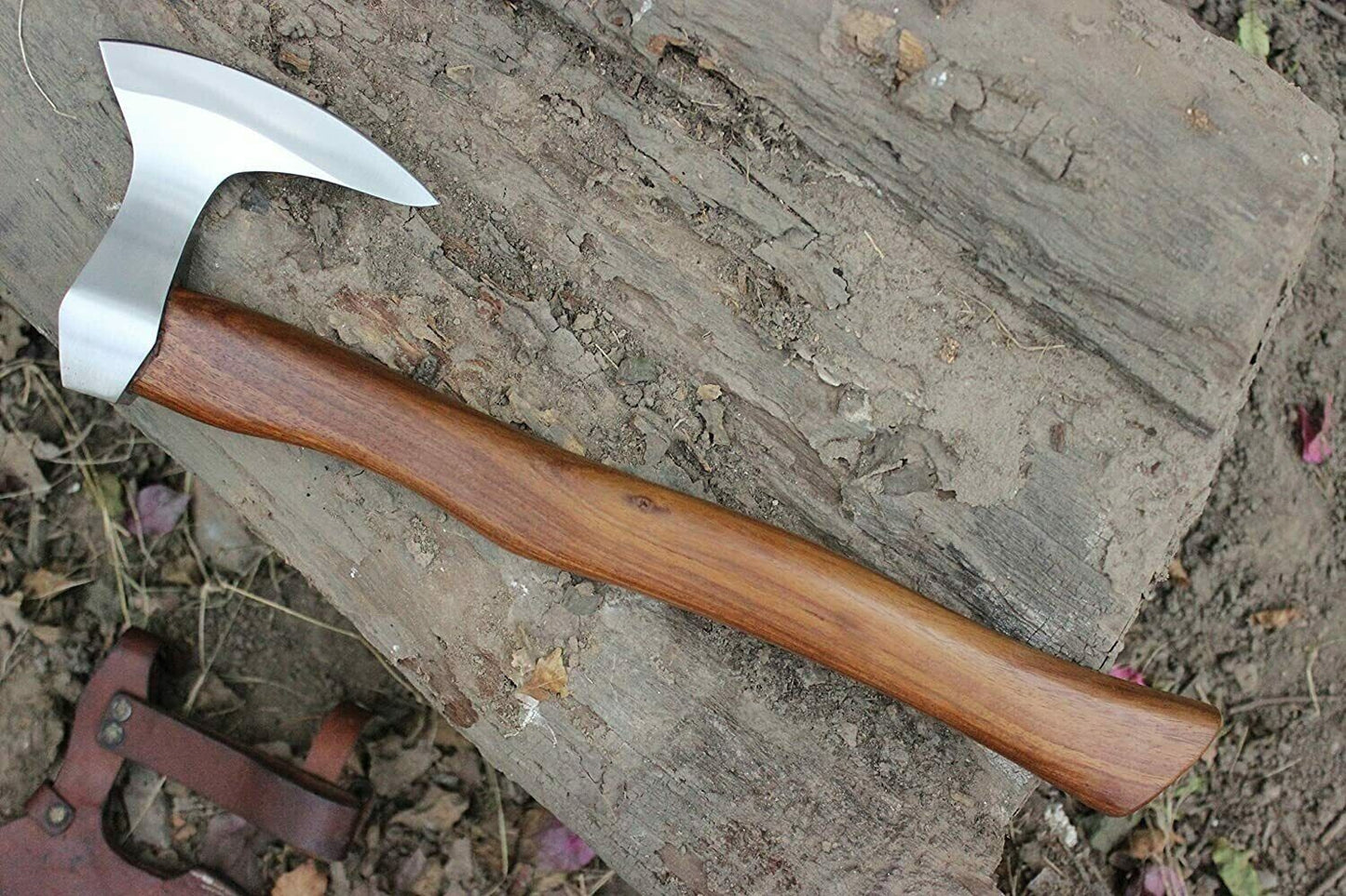 Handmade Etched High Carbon Steel Viking Axe with Ash Wood Handle and Leather Sheath