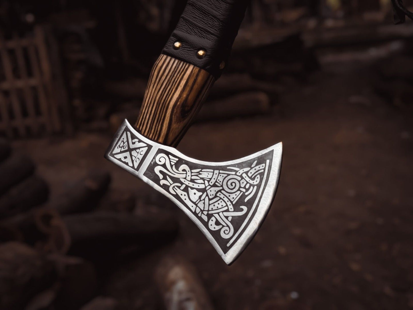 Handmade Viking Forged Carbon Steel Throwing Axe with Wood Handle and Cow Leather Sheath