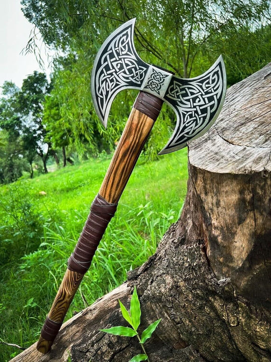 Handmade Double Head Viking Berserker Axe with Forged Steel Blades and Wooden Handle