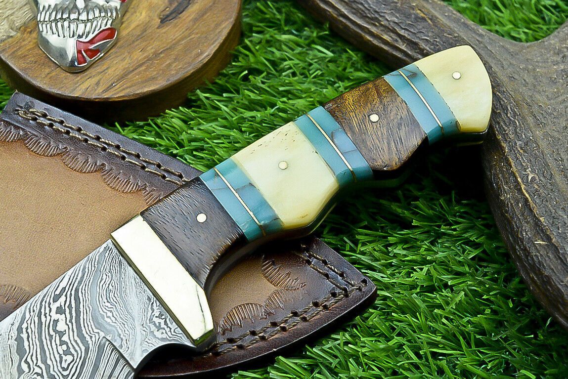 9" Handmade Damascus Steel Skinning Bowie Knife – Wood & Resin Handle