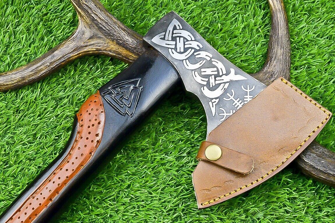 Handcrafted Viking Carbon Steel Tomahawk Axe with Leather Sheath – 19 Inch