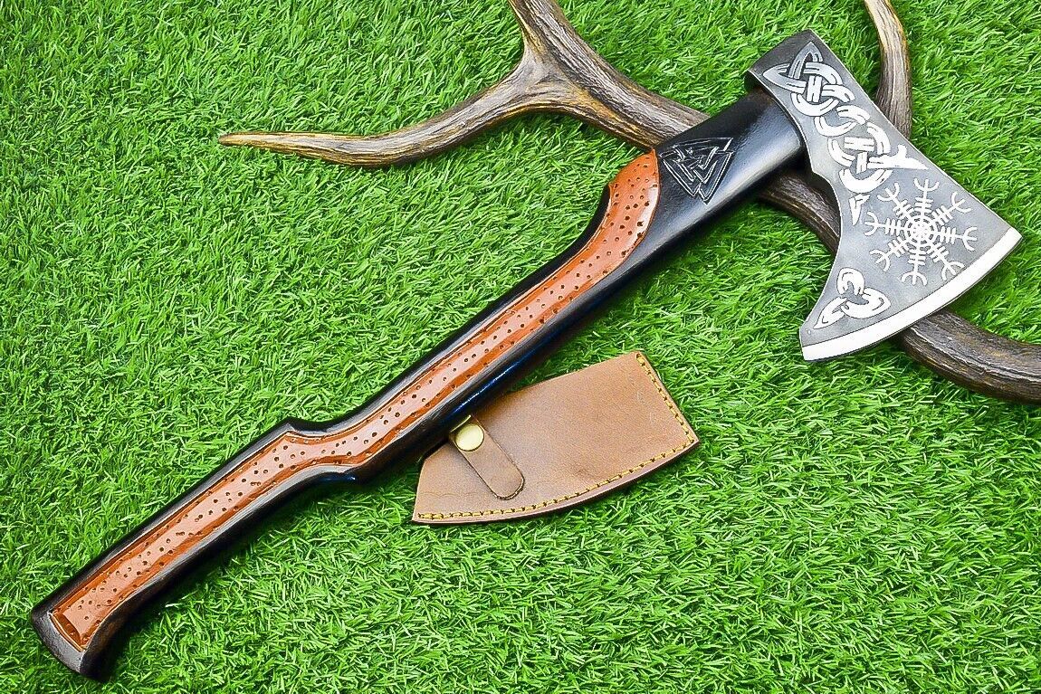 Handcrafted Viking Carbon Steel Tomahawk Axe with Leather Sheath – 19 Inch