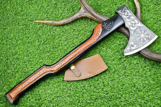 Handcrafted Viking Carbon Steel Tomahawk Axe with Leather Sheath – 19 Inch
