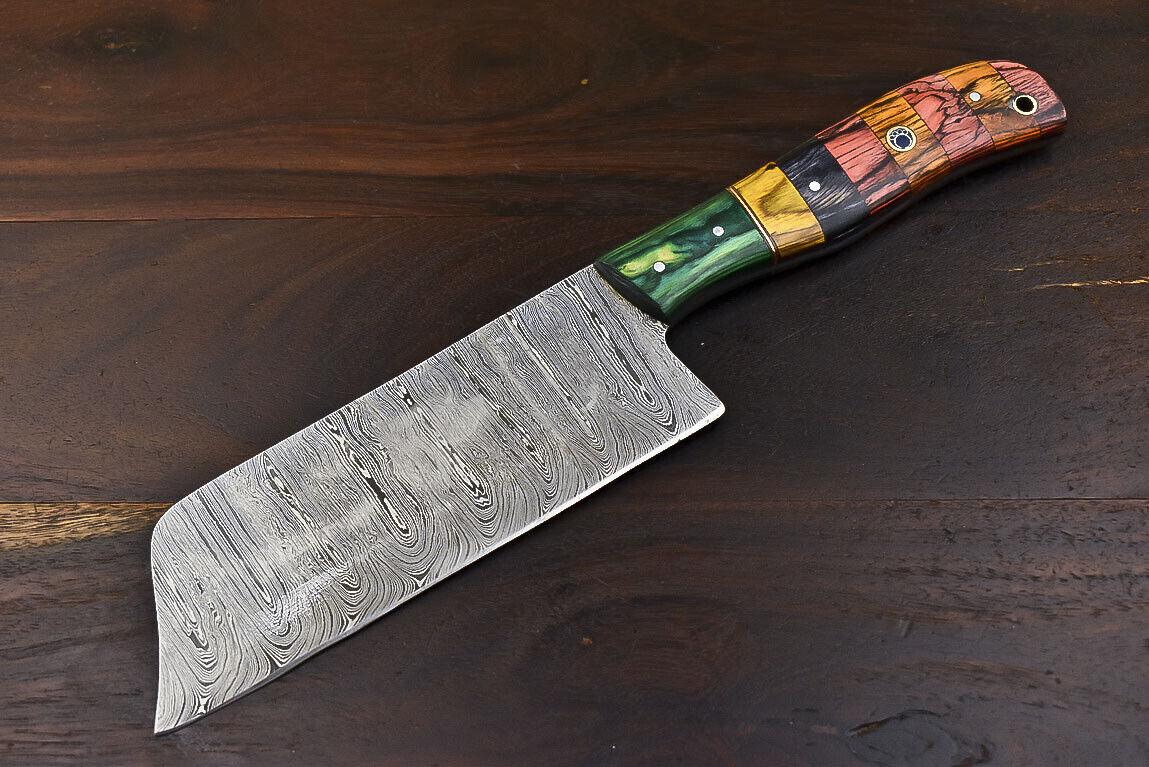 Fixed Blade Damascus Steel Hard Wood Clever Chopper Chef Knife with Wooden Bolster