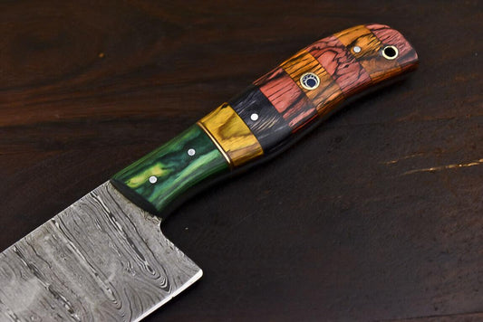 Fixed Blade Damascus Steel Hard Wood Clever Chopper Chef Knife with Wooden Bolster