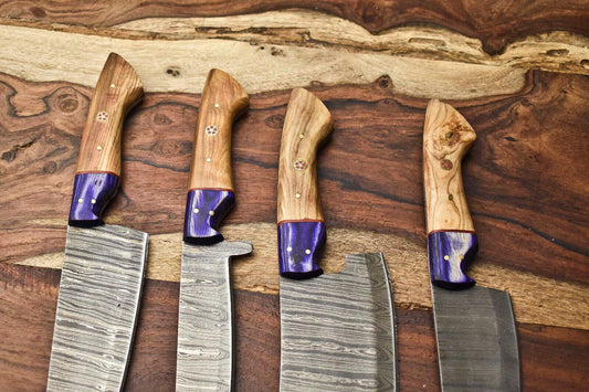 Lot Of 4 Handmade Damascus Steel Full Tang Chef Knife Set – Custom Kitchen Knives