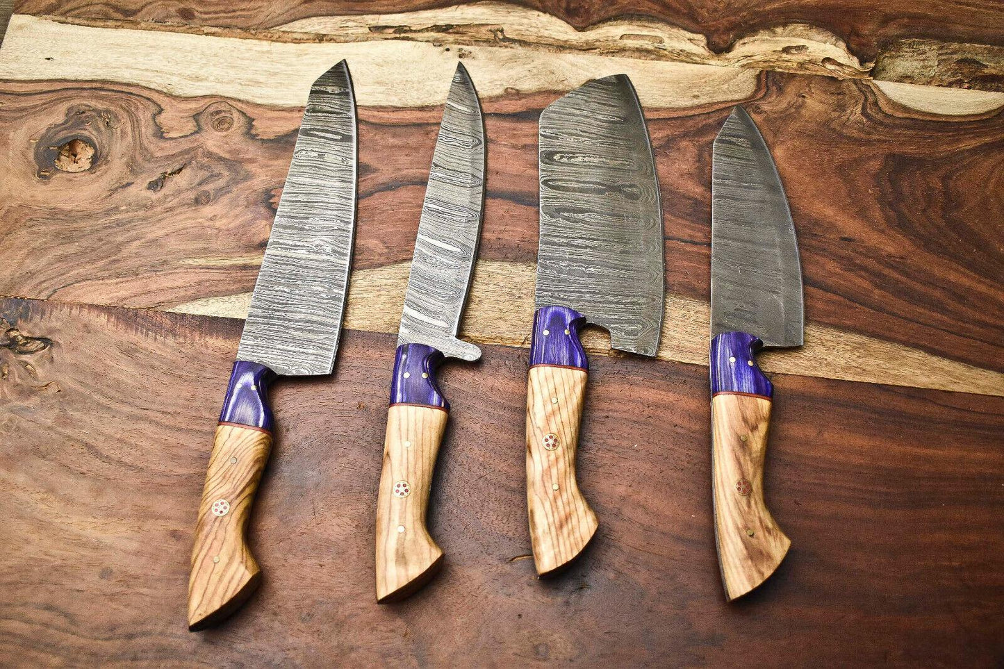 Lot Of 4 Handmade Damascus Steel Full Tang Chef Knife Set – Custom Kitchen Knives