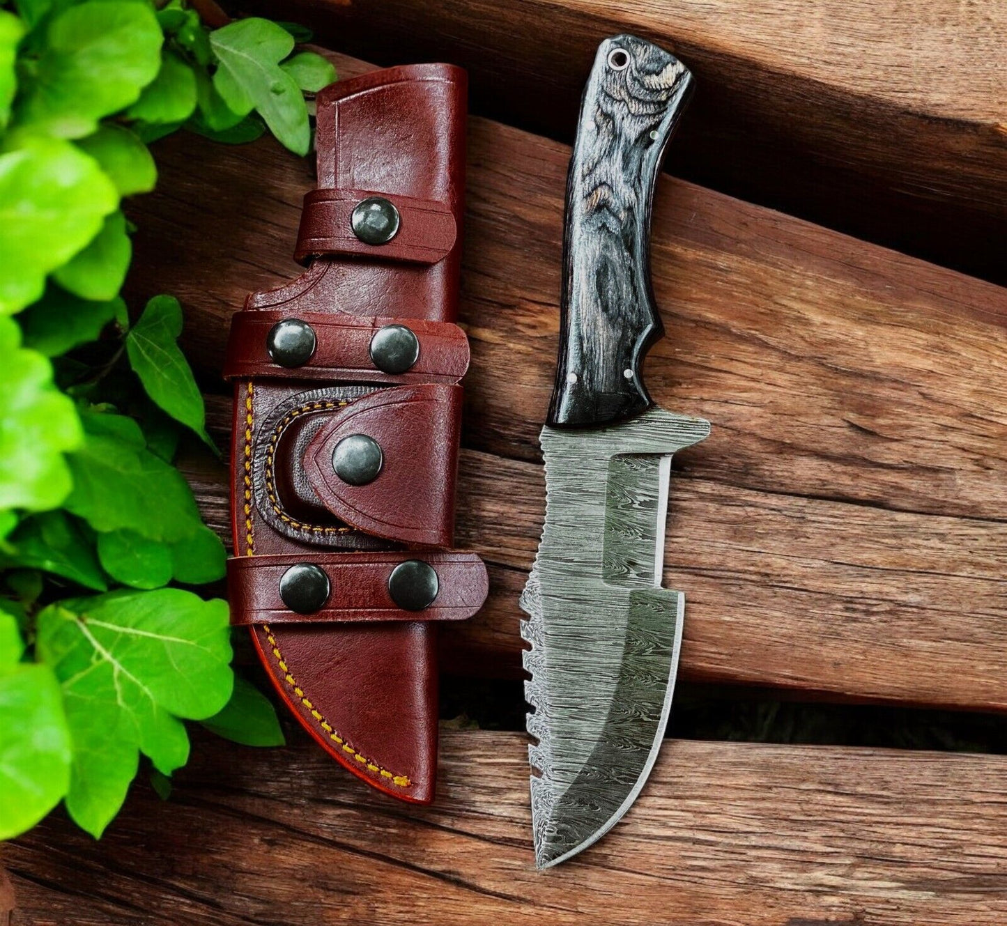 Brown Damascus Steel Tracker Knife – 10" Handmade Hunting Outdoor Fixed Blade with Micarta Handle