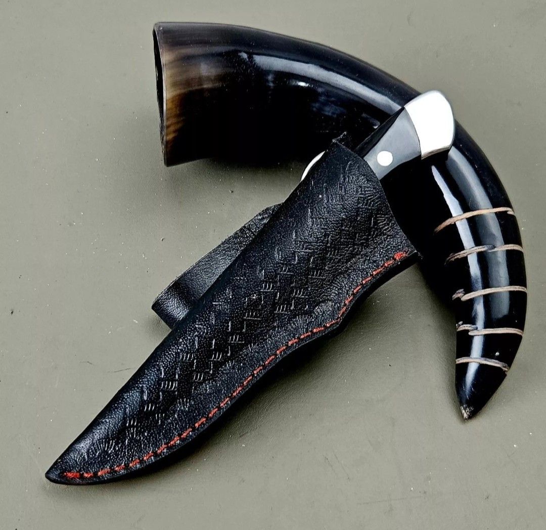 Custom Handmade D2 Steel Hunting Knife – Stag & Wolf Handle with Leather Sheath