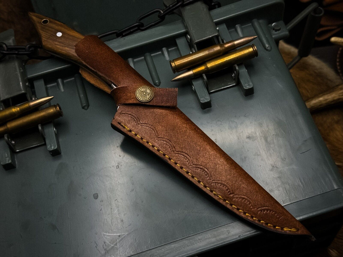 Handmade Damascus Steel Fillet Chef Knife – Wood Handle with Leather Sheath