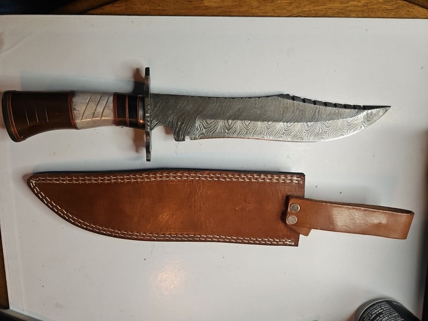 Heritage Forge 12 Inch Damascus Steel Bowie Knife with Wood and Bone Handle and Sheath for Hunting and Camping