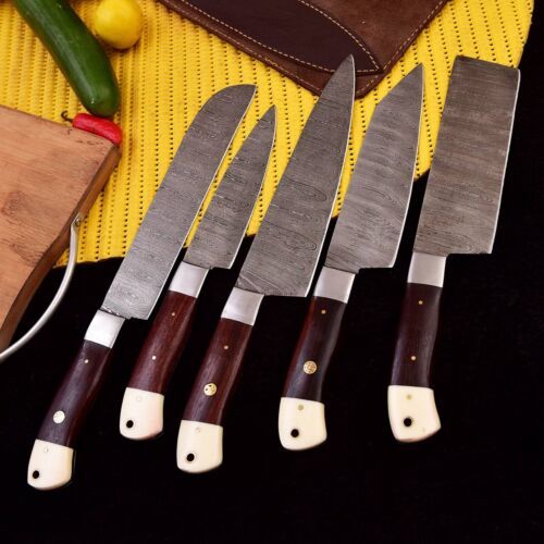 Custom Handmade Damascus Steel Kitchen Knife Set – Full Tang, Bone & Wood Handle