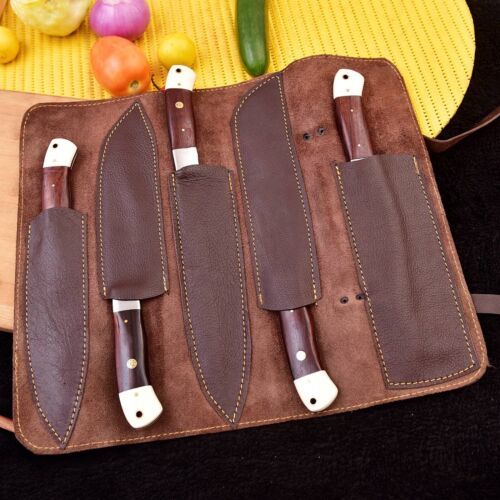 Custom Handmade Damascus Steel Kitchen Knife Set – Full Tang, Bone & Wood Handle