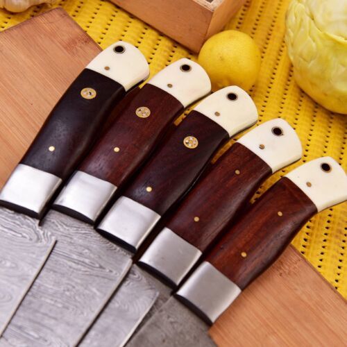Custom Handmade Damascus Steel Kitchen Knife Set – Full Tang, Bone & Wood Handle
