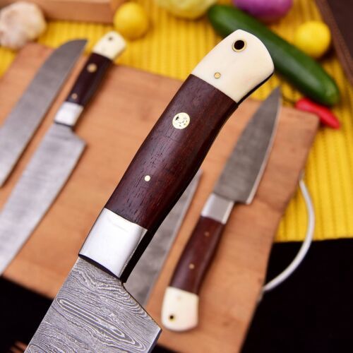 Custom Handmade Damascus Steel Kitchen Knife Set – Full Tang, Bone & Wood Handle