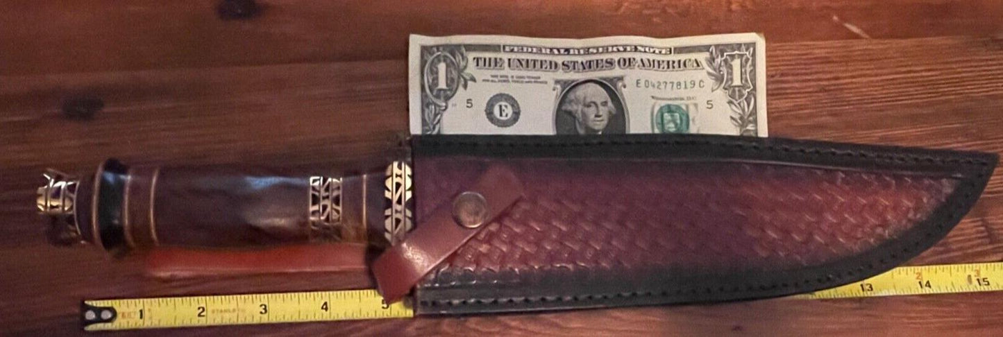Heritage Forge 15 Inch Vintage Damascus Steel Bowie Knife with Wood Handle and Brass Guard