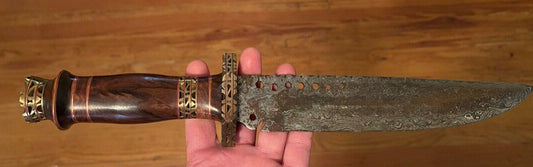 Heritage Forge 15 Inch Vintage Damascus Steel Bowie Knife with Wood Handle and Brass Guard