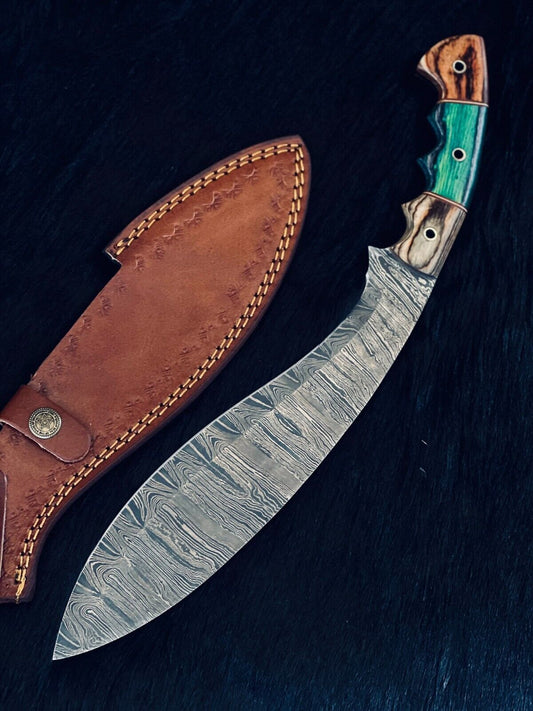 Heritage Forge 15 Inch Ladder Damascus Kukri Knife with Camel Bone and Wood Handle