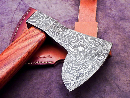 Exclusive Handmade Damascus Steel Viking Axe with Natural Wood Handle and Leather Sheath