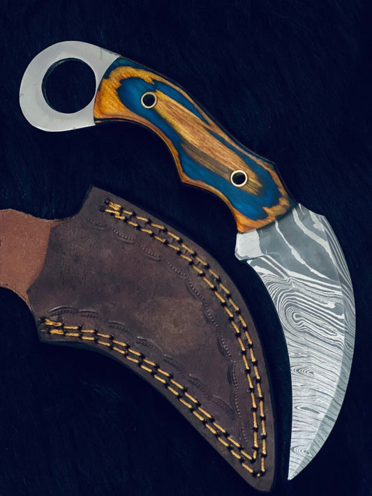 8" Handmade Twist Damascus Karambit Knife with Camel Bone & Wood Handle