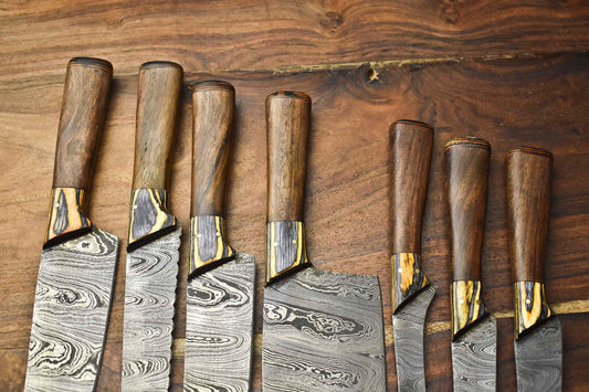 Lot Of 7 Handmade Damascus Steel Blade Chef Set Knife