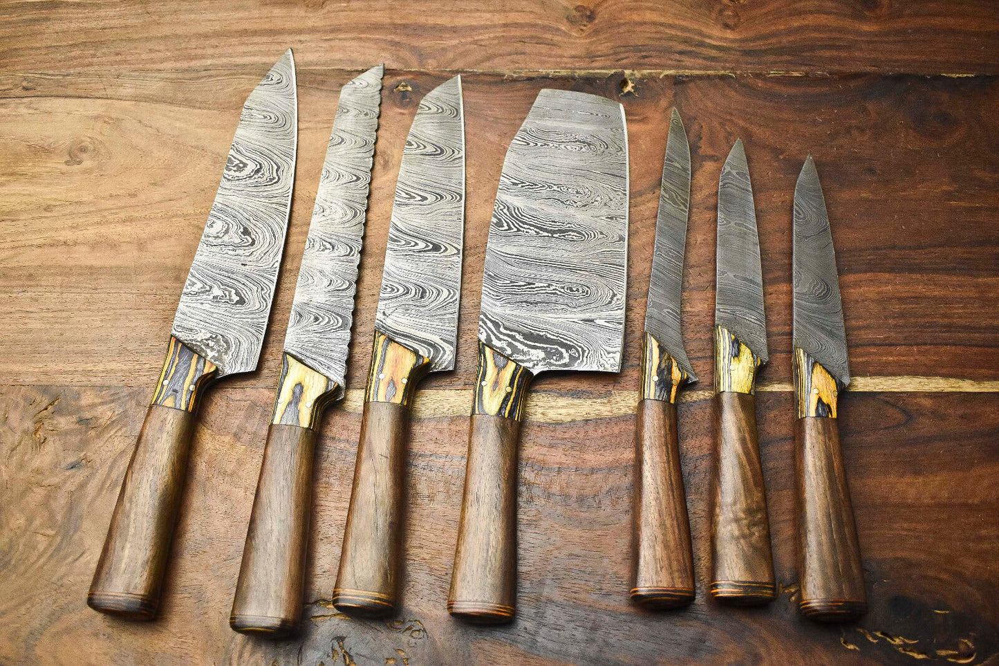 Set Of 7 Handmade Damascus Steel Blade Chef Set Knife