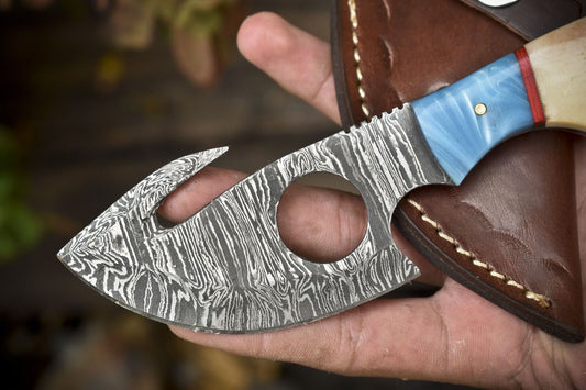 Handmade Twist Damascus Skinner Knife with Gut Hook Bone Handle Hunting Tool