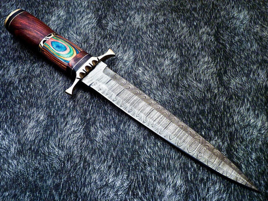 Damascus Steel Dagger Bowie Knife – 14 Inch Handmade Hunting Blade with Natural Wood Handle