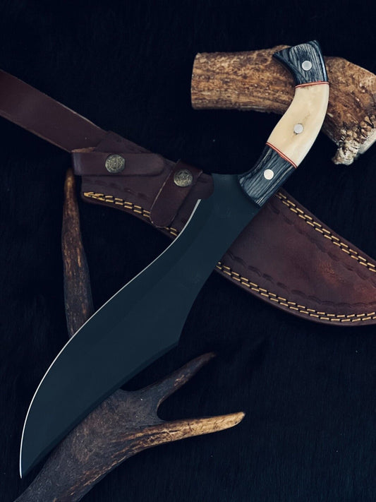 15.5 Inch D2 Steel Bowie Hunting Knife with Camel Bone and Wood Handle