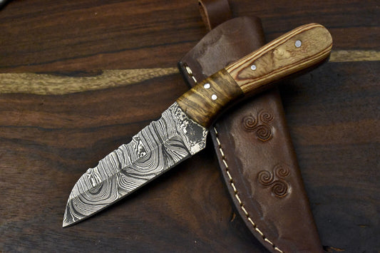 7.5" Forged Skinner Knife Twist Damascus Olive Wood Handle with Sheath