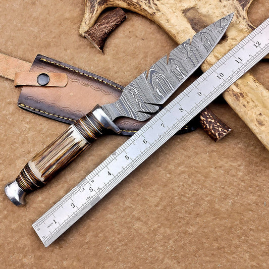 Heritage Forge 12 Inch Handmade Damascus Bowie Knife with Stag Antler Handle